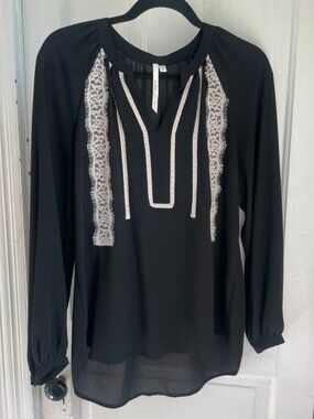 Bellatrix Black Lace Trim Blouse | Long Sleeve Sheer Top | Size S